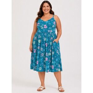 Torrid Women Teal Blue Floral Rayon Smocked Back Cami Midi Dress Pockets Size 4X